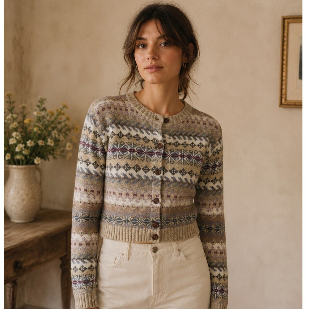 North Style Fair Isle Cardigan Womens L Button Front Nordic Cozy Cottage Sweater